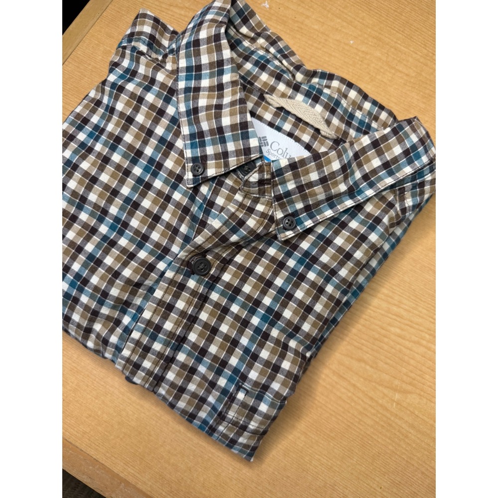 Columbia Mens XL Plaid Button Down Shirt Long Sleeve Brown Teal Cotton RN69724
